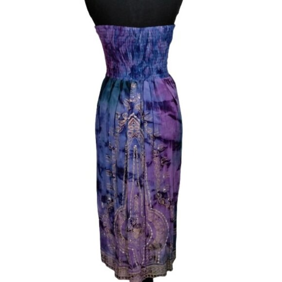 Vtg Y2K Midi Strapless Dress XL Boho Hippie Goth Whimsical Beaded Gold Accents - Picture 4 of 7